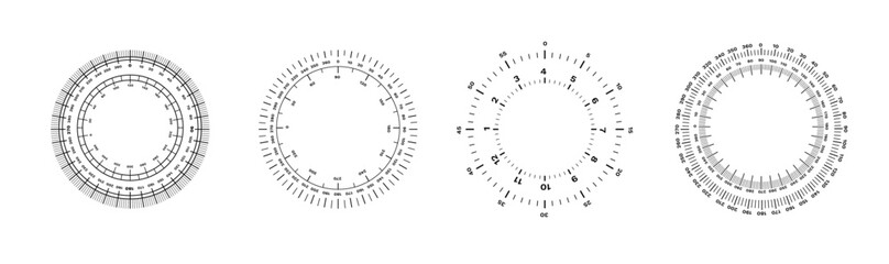 Black and white circular scales with concentric rings for precision measurement and calibration.