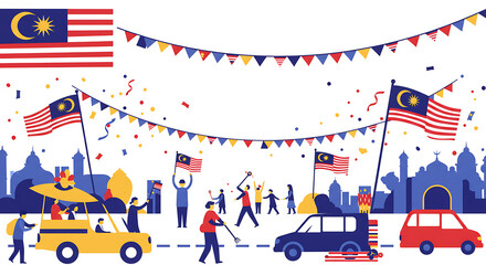 Obraz premium Vibrant vector illustration concept of a Malaysian national day parade with cheering crowds, cars, and waving flags.