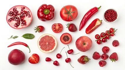 Red fruit and vegetable mix with pomegranate, tomatoes, strawberries, and chilies arranged artistically on a white background