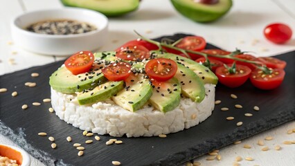 Delicious rice cakes topped with fresh avocado and cherry tomatoes for a healthy snack