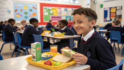 Schoolboy enjoys lunch in canteen while socializing with classmates during midday break