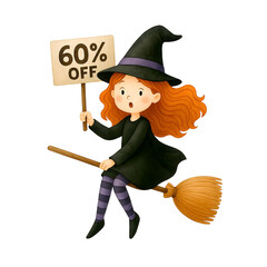 Cute Halloween Witch Holding Promotion Sign Watercolor Illustration, Spooky Witch Character Clipart