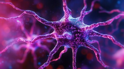 An image showing a neuron with amyloid plaques, associated with Alzheimer's disease, depicted in microscopic detail.