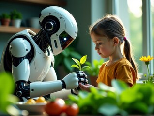 A robot and a young girl plant flowers together, symbolizing care for Earth on Earth Day.