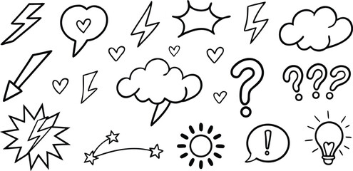 A collection of hand drawn doodle icons representing various concepts like speech bubbles lightning bolts hearts question marks clouds sun and a lightbulb on a white background