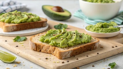 Delicious whole grain toast topped with creamy mashed avocado and garnished with spices on a light kitchen countertop