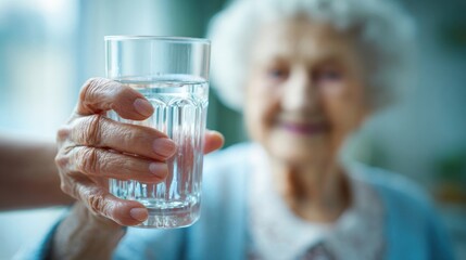 Senior woman holding glass of water with smile in soft light. International day of older persons.