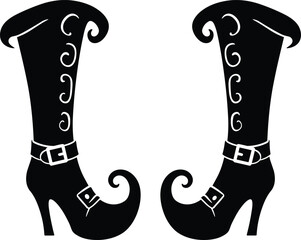 Witch boots vector illustration, fantasy footwear silhouette, magical costume shoes, Halloween high heel design, enchanted fashion accessory, gothic style boot graphic