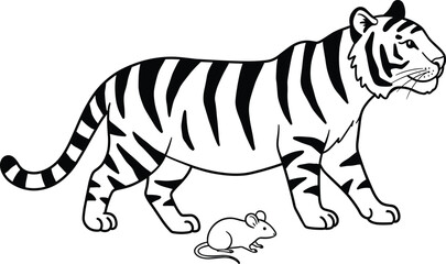 Tiger and mouse vector illustration, wild animal sketch, jungle predator design, wildlife silhouette, exotic animal drawing, big cat and rodent graphic