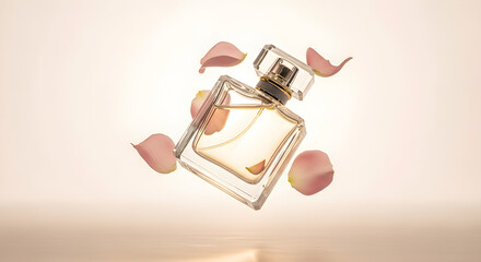 A beautifully lit perfume bottle with floating rose petals, showcasing elegance and fragrance.