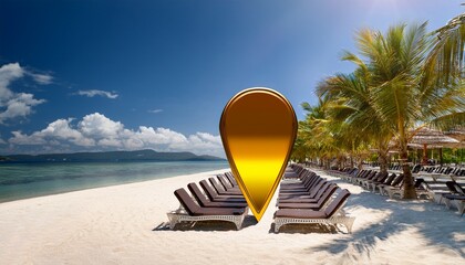 a stunning beach features a large golden location marker prominently placed on soft sand empty loungers lined up under swaying palm trees create a calm tranquil atmosphere