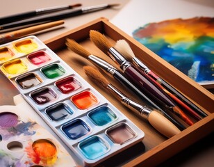 Obraz premium watercolor painting art supplies for artists including paint brushes easel palette and watercolors for canvas art