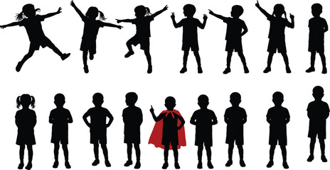 Children silhouettes vector, kids playing, jumping, pointing, standing poses, boy and girl illustration, superhero child with red cape artwork