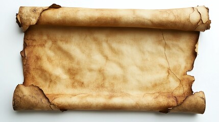 An old scroll parchment on a white background, evoking an antique feel with torn edges.