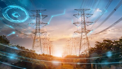 high power electricity poles in urban area connected to smart grid energy supply distribution of energy transmitting energy energy transmission high voltage supply concept photo generative ai