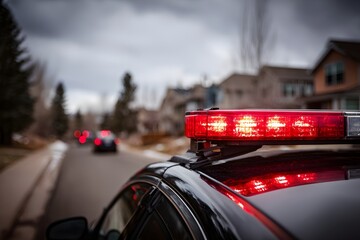 Close-up of red flashing police car lights on a city street at dusk, with blurred background of buildings and traffic. Emergency response concept