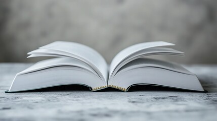 An open book lies flat on a soft gray background, with crisp white pages gently fanned out, inviting readers into a world of knowledge and imagination.