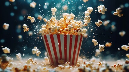 An overflowing striped popcorn bucket with buttery kernels, ideal for a movie night snack or party treats. A perfect snack concept for cinemas or events.