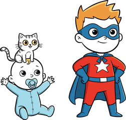 Cute baby with kitten clipart, superhero boy illustration, cartoon kids characters, nursery art, children’s superhero design, baby and hero graphics