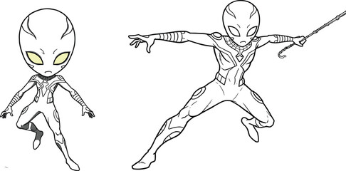 Alien superhero clipart, sci-fi hero illustration, cosmic warrior drawing, space superhero coloring page, alien character art, action alien design