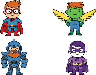 Cute superhero characters, cartoon kids heroes, fantasy warriors, flying child with wings, knight in armor, comic hero illustration pack