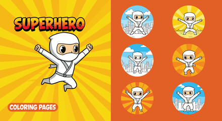 Superhero ninja coloring pages, cute hero illustration, kids activity book, comic ninja art, printable superhero coloring sheet design © Moksedul Creative