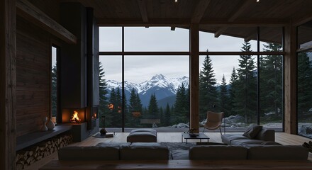 Fototapeta premium Living room interior with fireplace and view of snowy mountains through large windows in a modern home