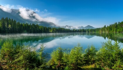 Fototapeta premium serene misty lake surrounded by lush green forest and mountains