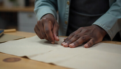 Close-up of hands of professional black male tailor working at sewing machine, stitching beige linen fabric with precision at table in workshop, created with generative ai	
