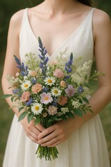 Young caucasian female holding colorful wildflower bouquet in a white dress