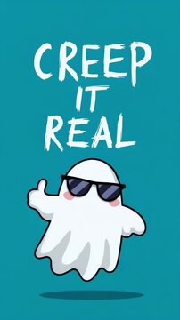 Cute and cool ghost with sunglasses and the funny pun Creep It Real.