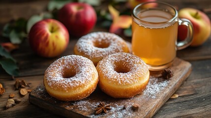 Apple cider donuts and warm cider in a garden.
