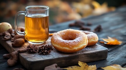 Apple cider donuts and warm cider in a garden.