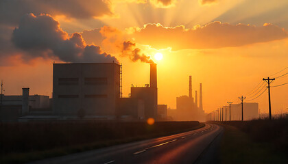 Golden Hour Sunbeams Illuminate Industrial Plant, sunrise climbs over the chimneys and plants of power plants and steel mills, created with generative ai	
