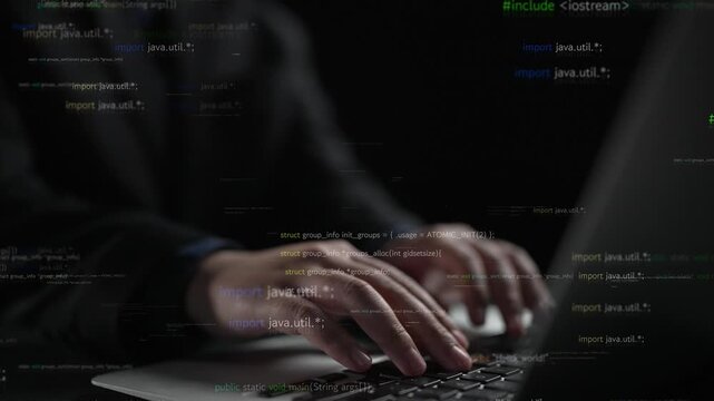 A close-up view of hands typing on a laptop keyboard with an abstract representation of code overlaying the image, evoking themes of technology and programming. Xenic