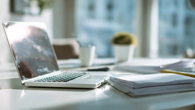 A laptop sits on a white desk next to a stack of papers in a modern office setting.