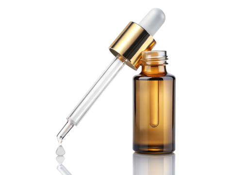 Amber glass serum bottle with dropper and a drop of liquid, isolated on transparent background