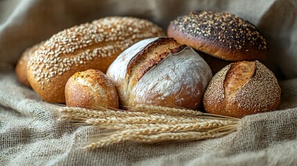 Artisan Loaves of Bread on a Burlap Surface with Wheat Stalks