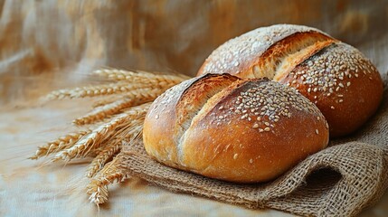 Artisan Loaves of Bread on a Burlap Surface with Wheat Stalks