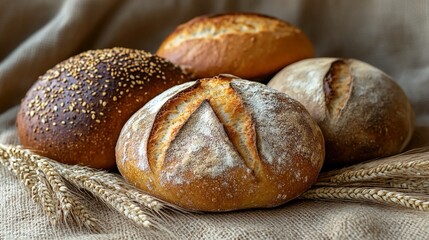 Artisan Loaves of Bread on a Burlap Surface with Wheat Stalks