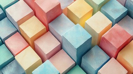 Artistic arrangement of pastel-colored cubes in a textured geometric pattern.