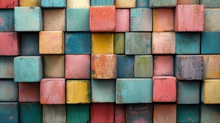 Artistic arrangement of pastel-colored cubes in a textured geometric pattern.