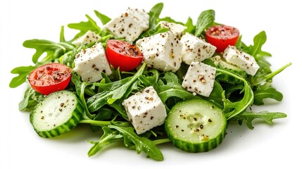 Arugula Salad with Feta and Cucumber: A fresh arugula salad, topped with creamy feta and crisp cucumber slices, offering a colorful and textured mix, isolated on transparent background.