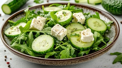 Arugula Salad with Feta and Cucumber: A fresh arugula salad, topped with creamy feta and crisp cucumber slices, offering a colorful and textured mix, isolated on transparent background.