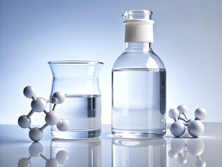 Chemical molecular structure models next to laboratory glassware filled with clear liquid on a light blue background