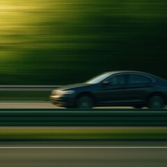 Fototapeta premium Black sedan speeding on highway at dusk with blurred green background