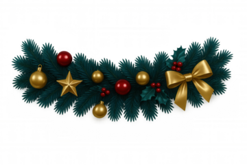 Festive christmas garland with golden bow, gold star, red and gold ornaments, and holly berries decorating pine branches on transparent background, perfect for holiday projects
