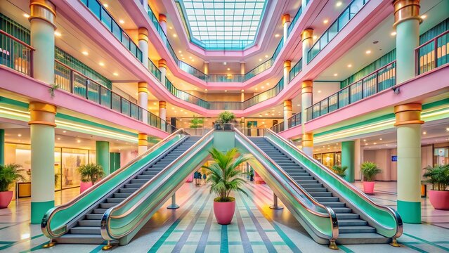 Modern shopping mall interior with escalators and plants, bright and clean atmosphere - Powered by Adobe