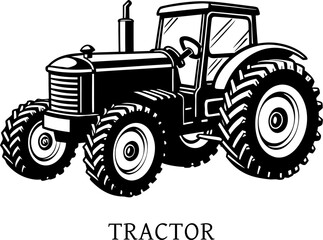 A tractor with large wheels, realistic farm vehicle, isolated on white background. a tractor features its large wheels and detailed front grill. Its minimalistic solid black silhouette.