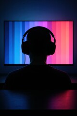 Silhouette of person with headphones facing colorful screen in dark room